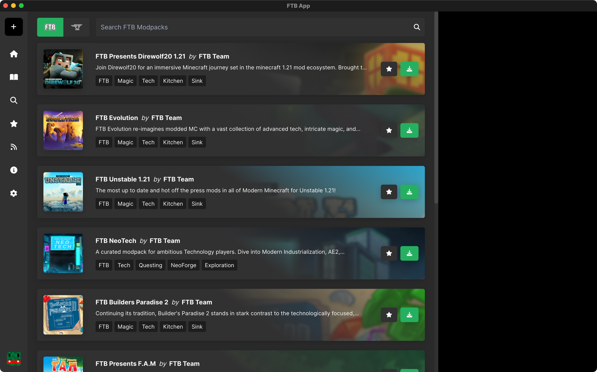 The FTB App's Browse window