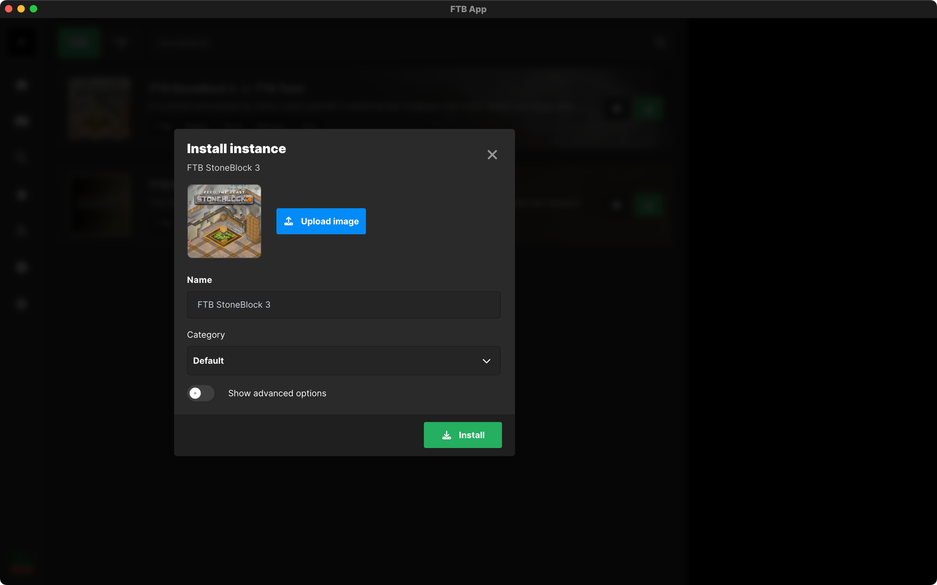 The FTB App's Install pack modal