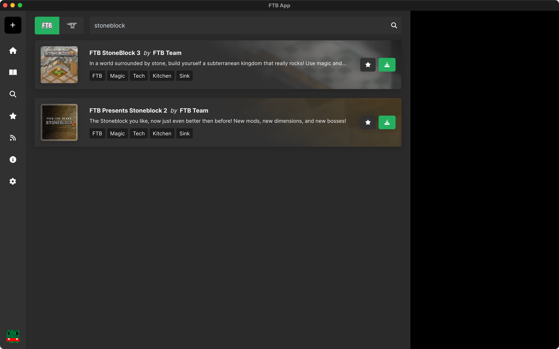 The FTB App's Browse window with search text