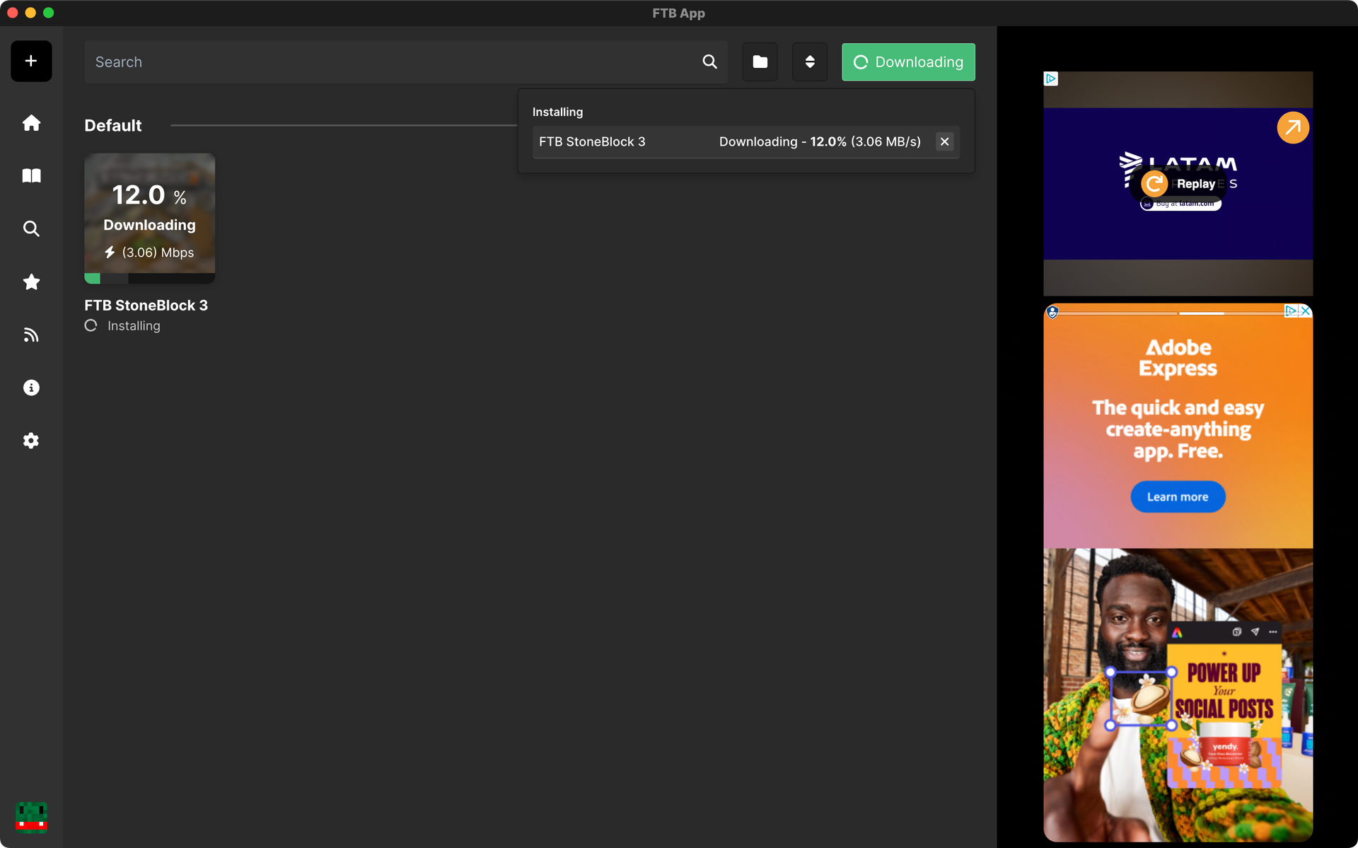 The FTB App's Installing progress modal