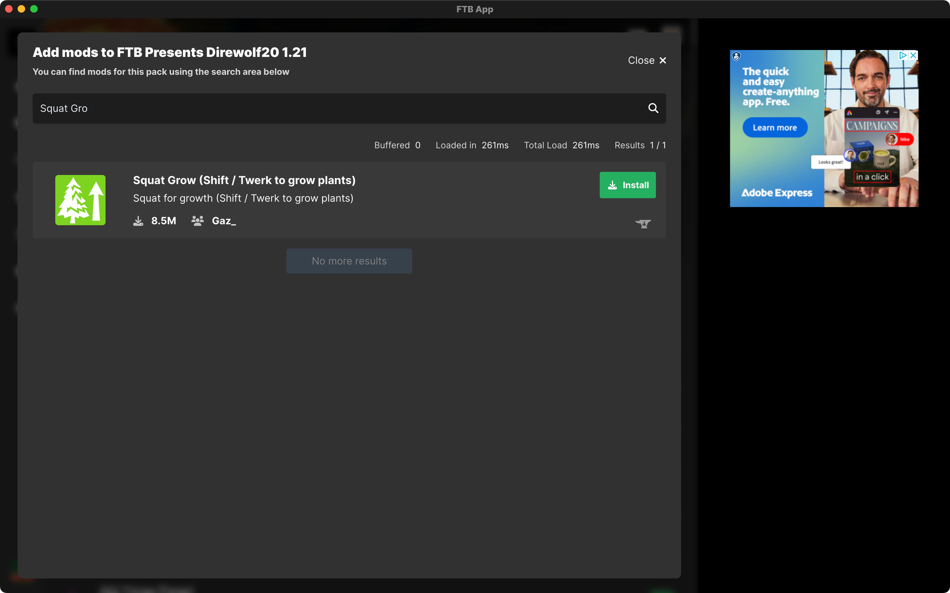 The FTB App's Mods search page